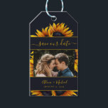 Rustic modern sunflowers wedding photo save date gift tags<br><div class="desc">Beautiful and easy to personalize photo wedding save the date favor gift tag with vibrant yellow-gold hand-painted sunflowers and elegant stripes with a trendy modern script over a dark midnight blue background. Suitable for summer and autumn fall garden backyard outdoor rustic modern weddings. The colors are changeable. If you need...</div>
