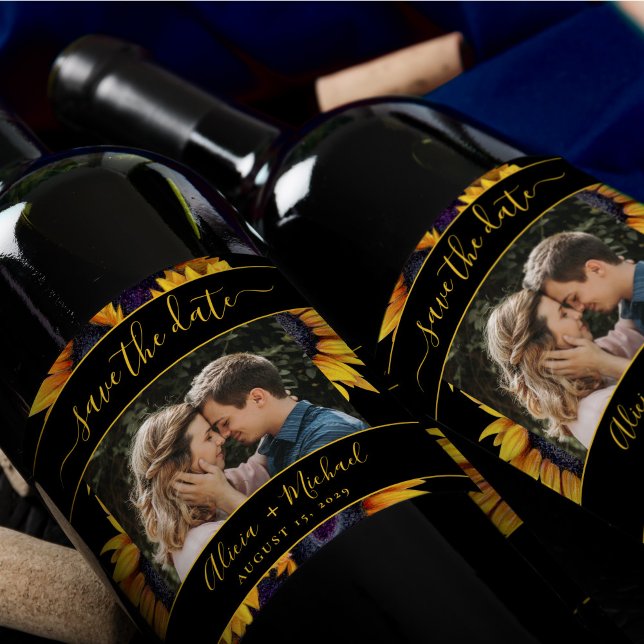 Rustic modern sunflowers wedding photo save date wine label (Creator Uploaded)