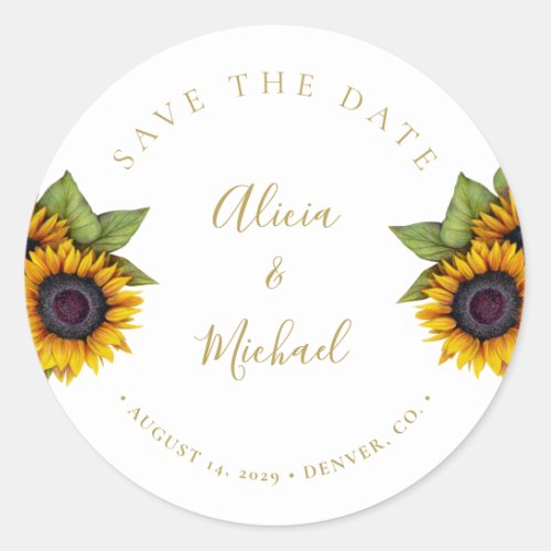 Rustic modern sunflowers wedding save date classic round sticker