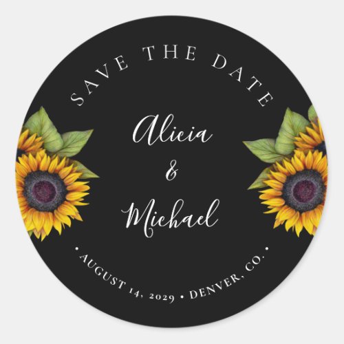 Rustic modern sunflowers wedding save date classic round sticker