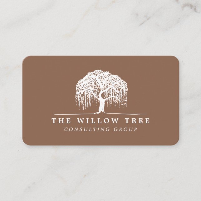 Rustic Modern Tan Brown & White Willow Tree Logo Business Card (Front)