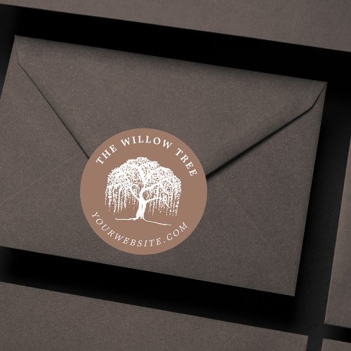 Rustic Modern Tan Brown  White Willow Tree Logo Classic Round Sticker