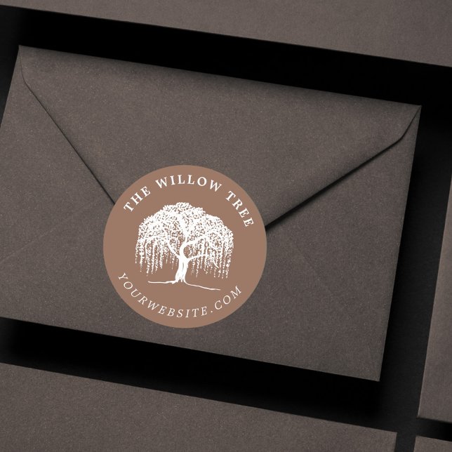 Rustic Modern Tan Brown & White Willow Tree Logo Classic Round Sticker (Creator Uploaded)