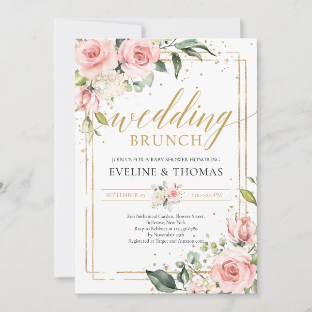 Rustic modern typography blush pink gold wedding invitation (Front)