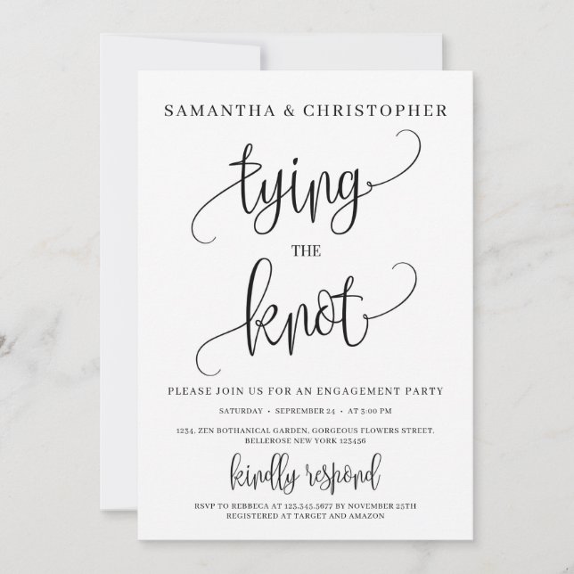 Rustic modern typography tying the knot engagement invitation (Front)