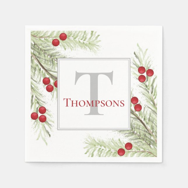 Rustic Modern Watercolor Holiday Monogram Napkins (Front)