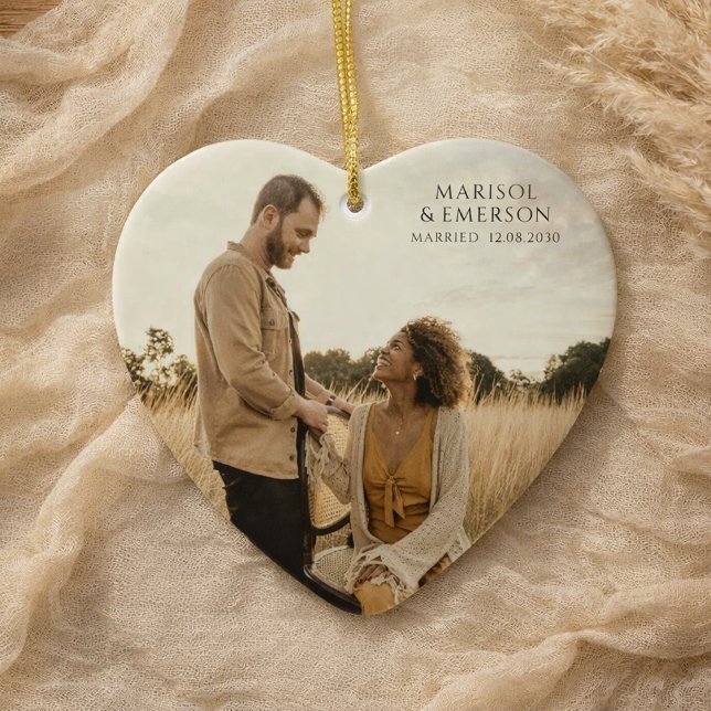 Rustic Modern Wedding Photo Heart Keepsake  Ceramic Ornament (Creator Uploaded)