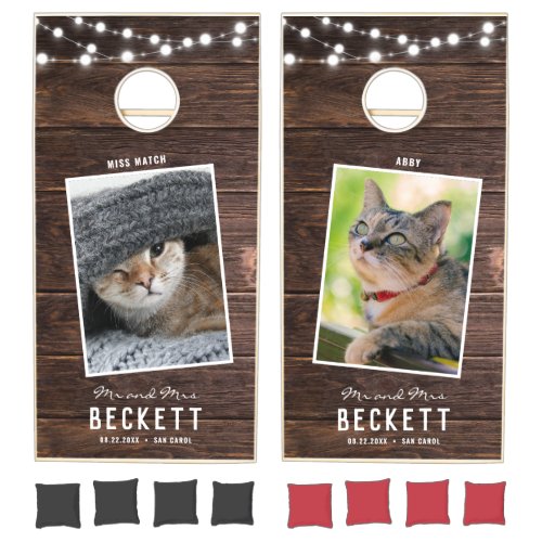 Rustic Modern Wedding String Lights Pet Cat Parent Cornhole Set