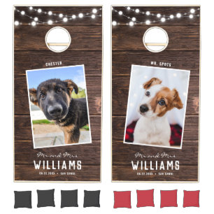 Rustic Modern Wedding String Lights Pet Dog Parent Cornhole Set