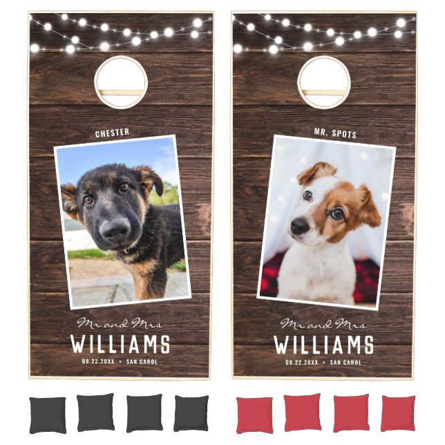 Rustic Modern Wedding String Lights Pet Dog Parent Cornhole Set (Set)
