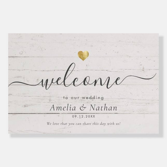Rustic Modern Welcome Wedding Gold Heart Sign (Front)