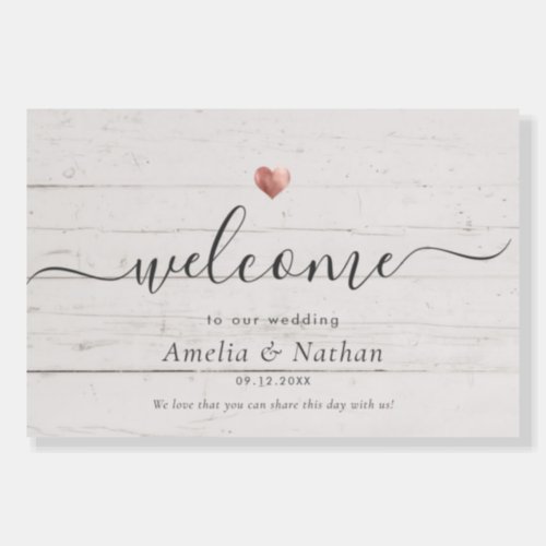 Rustic Modern Welcome Wedding Rose Gold Heart Sign