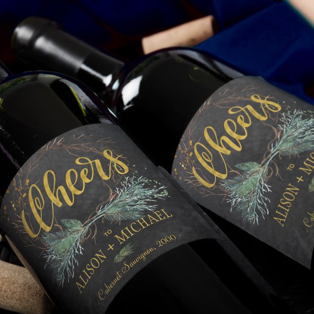 Rustic modern winter chalkboard cheers wedding wine label (Creator Uploaded)