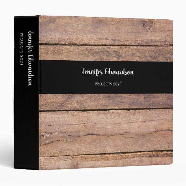 Rustic modern wood black monogram name 3 ring binder (Front/Spine)