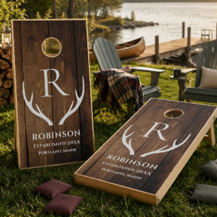 Rustic Modern Wood Plank Lake Family Monogram Cornhole Set