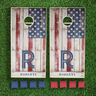 Rustic Monogram American Flag  Cornhole Set