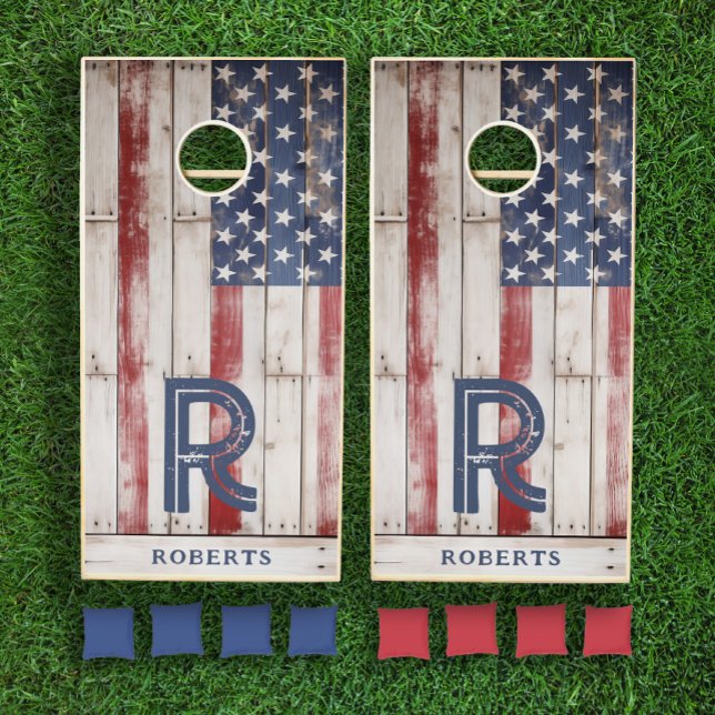 Rustic Monogram American Flag  Cornhole Set (Creator Uploaded)