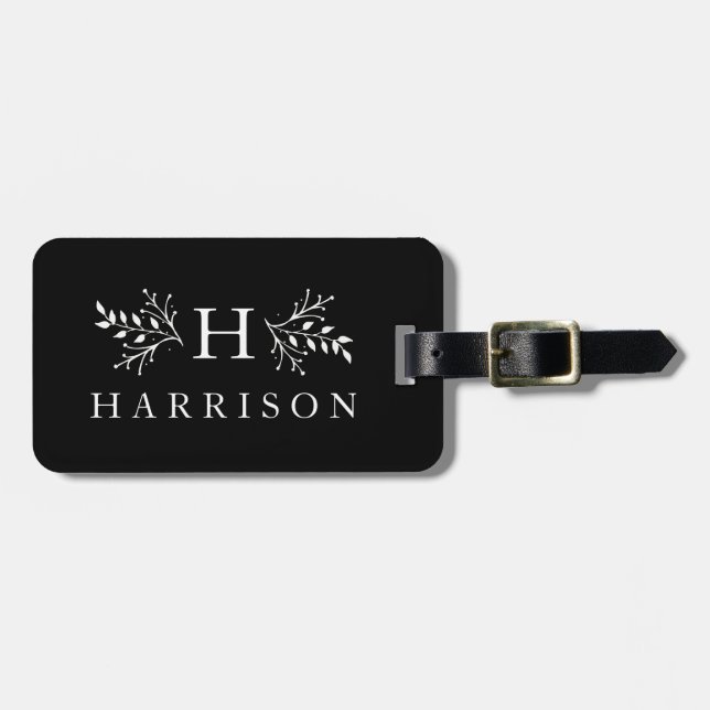 Rustic monogram black and white luggage tag (Front Horizontal)