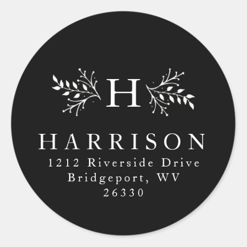 Rustic monogram black and white return address classic round sticker