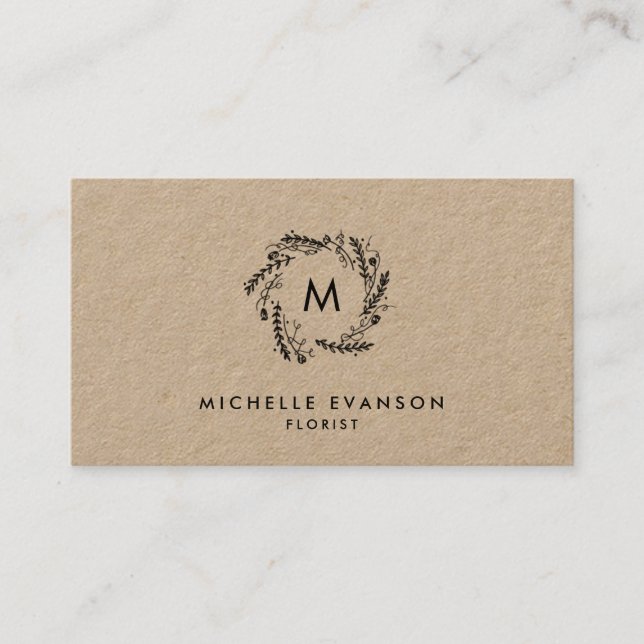 Rustic Monogram Black Floral Wreath Kraft Florist Business Card (Front)