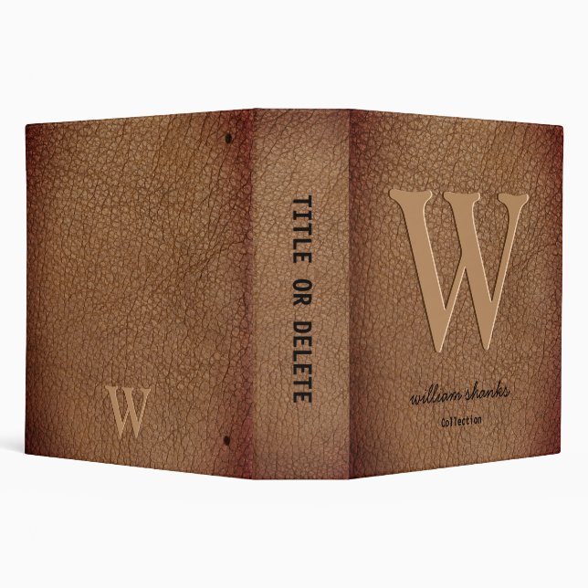Rustic monogram black script name brown leather 3 ring binder (Background)
