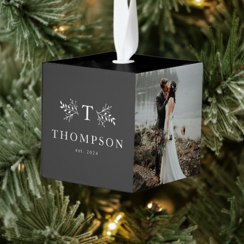 Rustic monogram black white 3 photo family name cube ornament