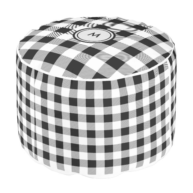 Rustic Monogram Black | White Buffalo Plaid Color Pouf (Angled Back)