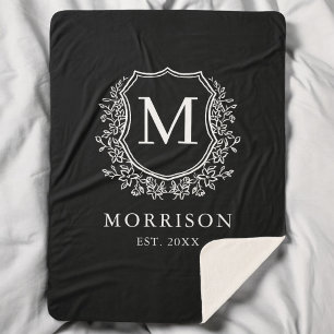 Rustic Monogram Black White Crest Newlywed Wedding Sherpa Blanket