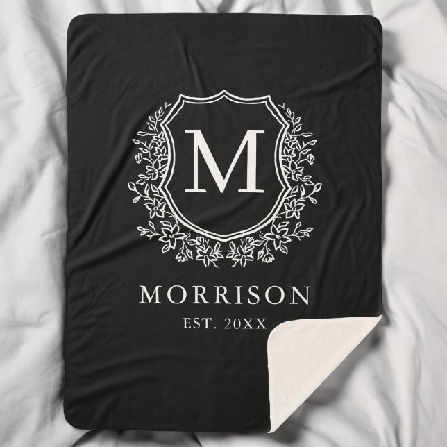 Rustic Monogram Black White Crest Newlywed Wedding Sherpa Blanket (Creator Uploaded)