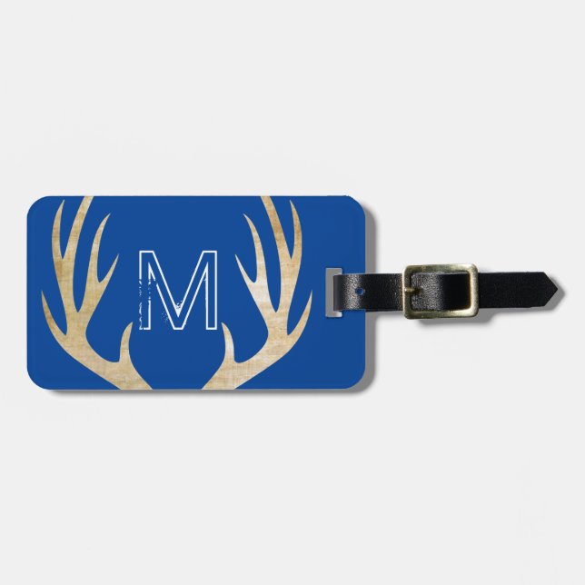 Rustic Monogram Blue Custom Bag Tag with Antlers (Front Horizontal)