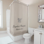 Rustic Monogram   Both Names Newlywed Wedding Chic Shower Curtain<br><div class="desc">Rustic Monogram Both Names Newlywed Wedding Gift Chic Shower Curtain. Personalized warm beige and gray monogrammed Shower Curtain. Cool classic script for the monogram initial, the names of the bride and groom and the wedding date on a solid beige background. Perfect gift for newly weds, or beautiful for your own...</div>