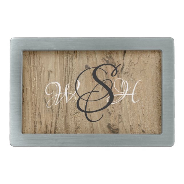 Rustic Monogram Brown Striped Woodgrain Nature Belt Buckle (Front)
