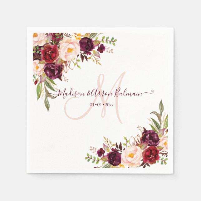 Rustic Monogram, Burgundy Blush Watercolor Peonies Napkins (Front)