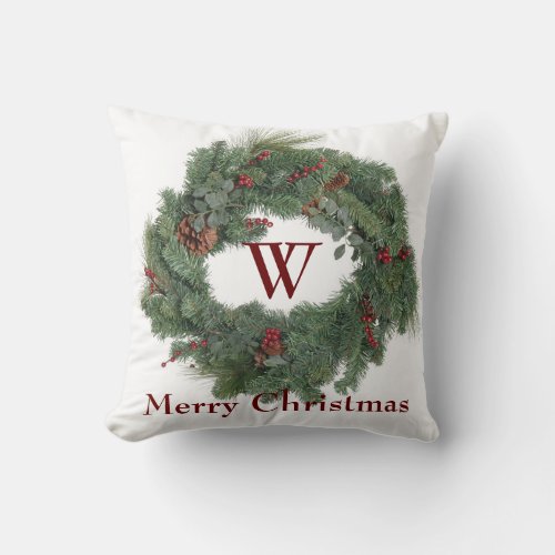 Rustic Monogram Burgundy Green  White Christmas Throw Pillow