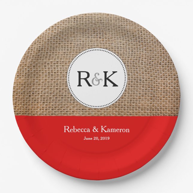 Rustic Monogram Burlap and Red Wedding Paper Plates (Front)