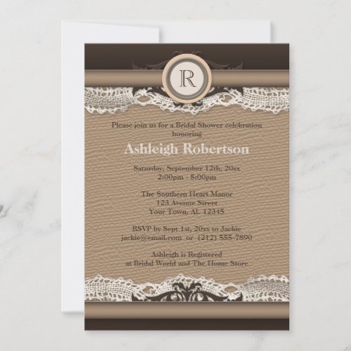 Rustic Monogram Burlap &amp; Lace Bridal Shower Personalized Invites