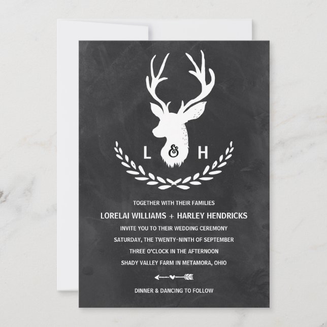Rustic Monogram | Chalkboard Stag Wedding Invitation (Front)