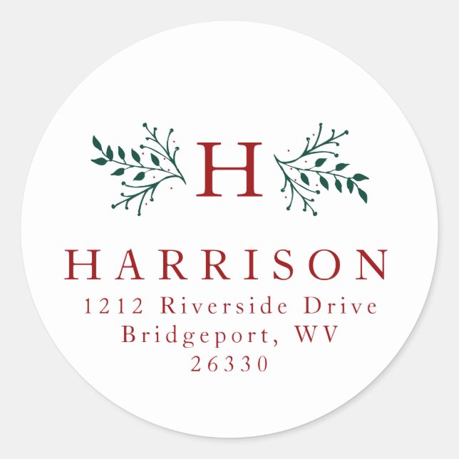 Rustic monogram Christmas holiday return address Classic Round Sticker (Front)