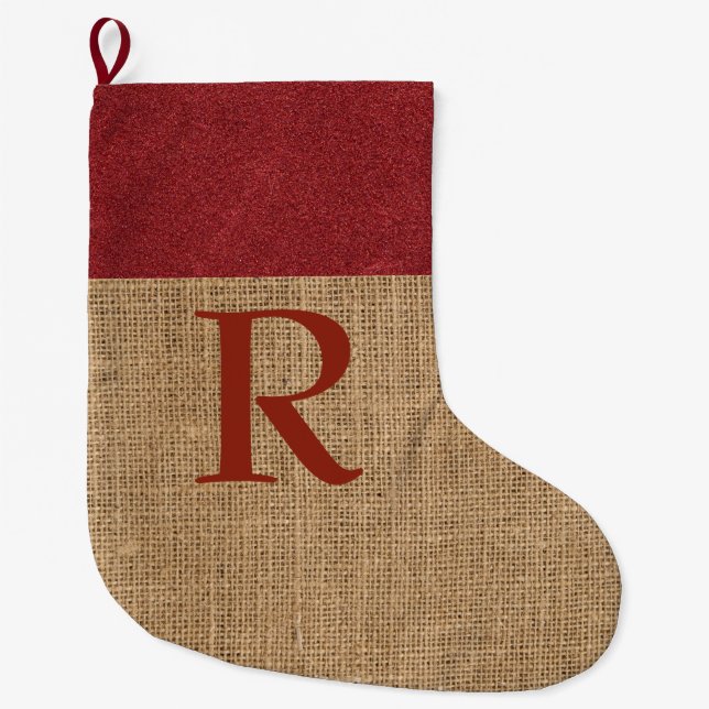Rustic MONOGRAM Christmas Stocking Red Faux Burlap (Front)