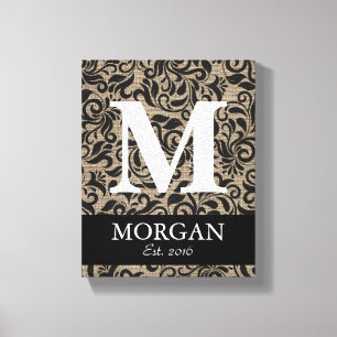 Rustic Monogram Damask Burlap Family Name Sign