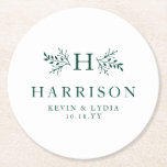 Rustic monogram dark green simple classic wedding round paper coaster<br><div class="desc">With branches surrounding your initial, this personalized coaster makes a great touch for a wedding reception, a rehearsal dinner or even an anniversary party. It's classic with a bit of a rustic twist. The text and branches are a dark green on a white background. Perfect for a winter wedding. Other...</div>