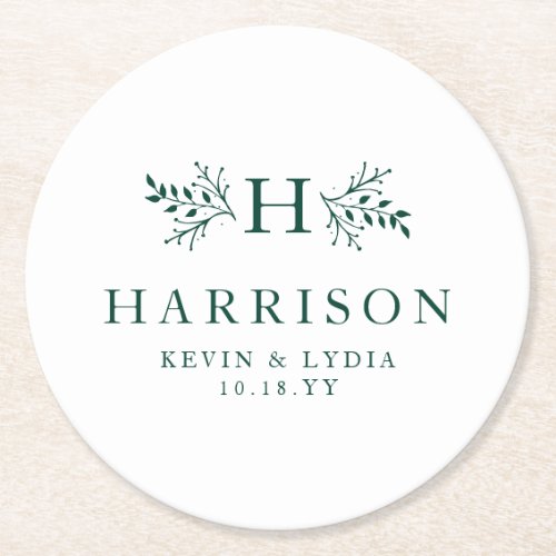 Rustic monogram dark green simple classic wedding round paper coaster