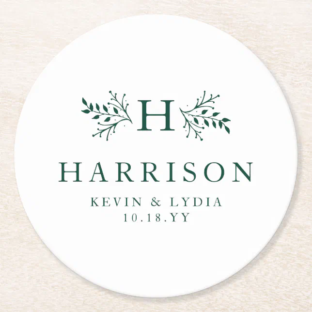 Rustic monogram dark green simple classic wedding round paper coaster ...