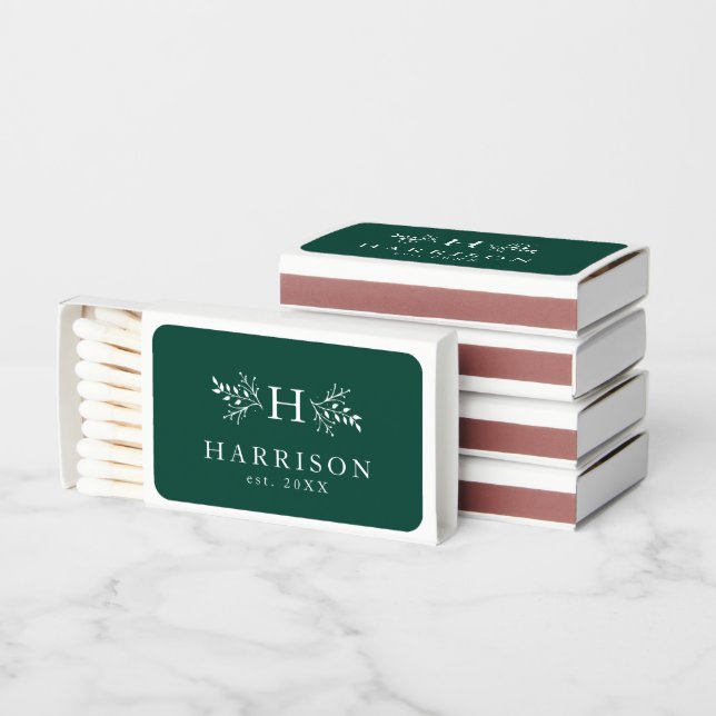 Rustic monogram dark green wedding favor matchboxes (Stacked)