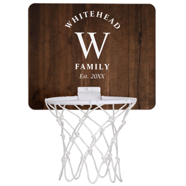 Rustic Monogram Dark Wood Mini Basketball Hoop (Front)