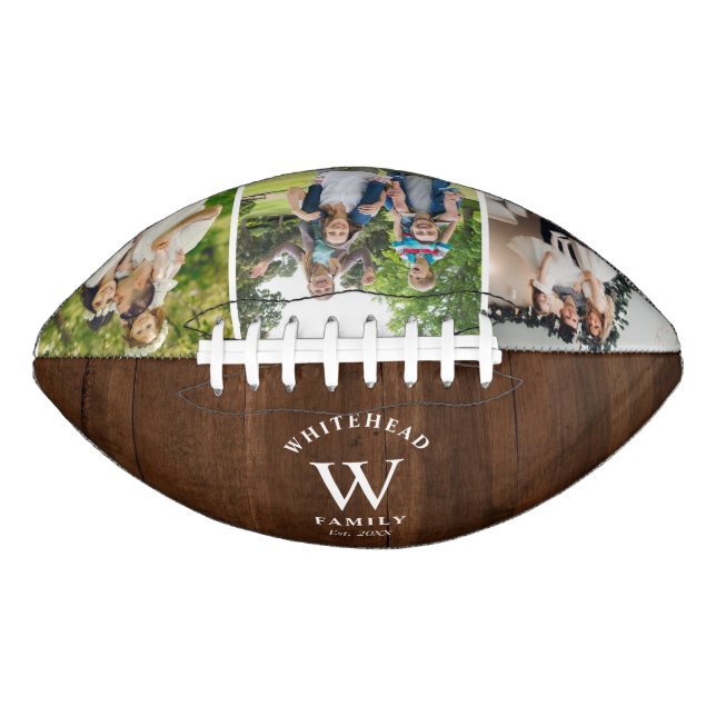 Rustic Monogram Dark Wood Photo Collage Football (Front)