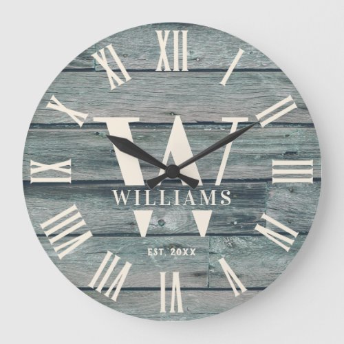 Rustic Monogram Driftwood Custom Family Name Large Clock