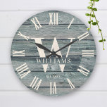 Rustic Monogram Driftwood Custom Family Name Large Clock<br><div class="desc">Personalized Family Name, monogram, and year established Rustic Modern Wall clock in a trendy farmhouse style design with roman numeral clock face and turquoise gray driftwood plank / shiplap backdrop design. Perfect gift for newlyweds, wedding or housewarming present or grandparents gift, or for a home make-over in your beach cabin,...</div>