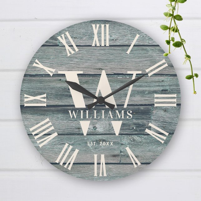Rustic Monogram Driftwood Custom Family Name Large Clock (Creator Uploaded)
