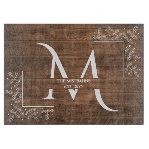 Rustic Monogram Elegant Leaf Pattern Faux Wood Cutting Board